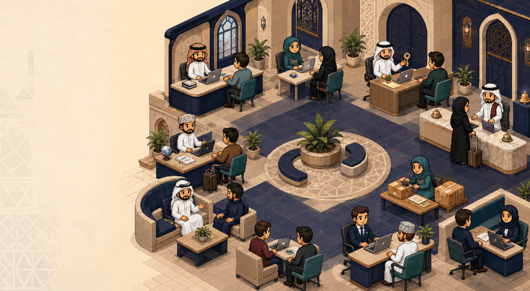 Isometric GCC workplace with local AI agents supporting banking, hospitality, logistics, sales and customer service